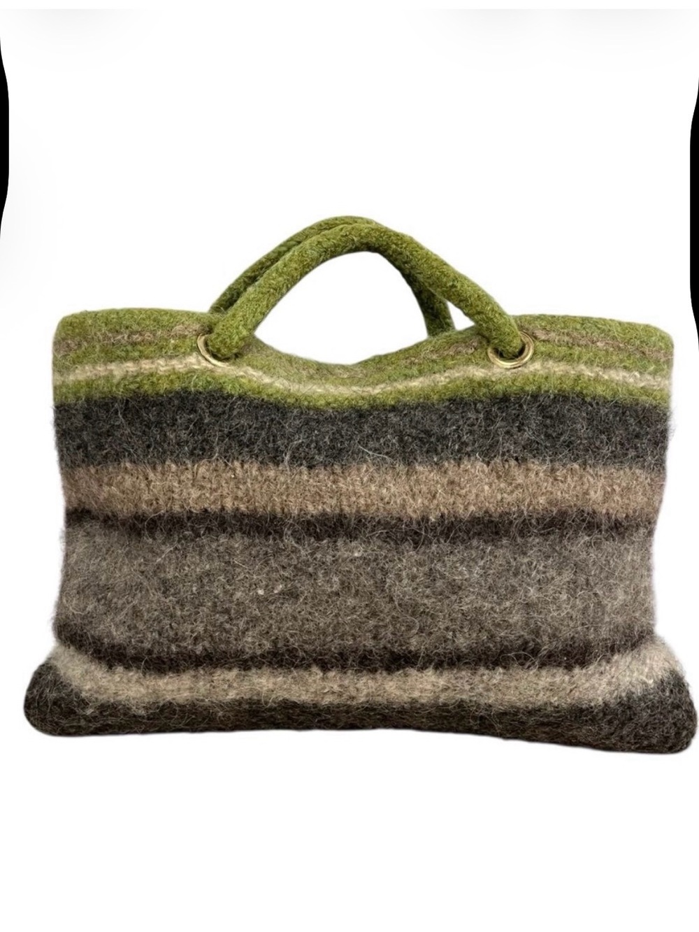 Green Striped Wool Bag Boho Furry Gray Brown Boho Twee Felted Purse Handbag - Picture 2 of 8